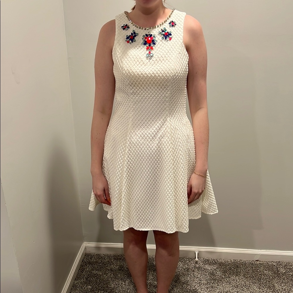 Mac Duggal White Sleeveless Dress with Embellished Neckline